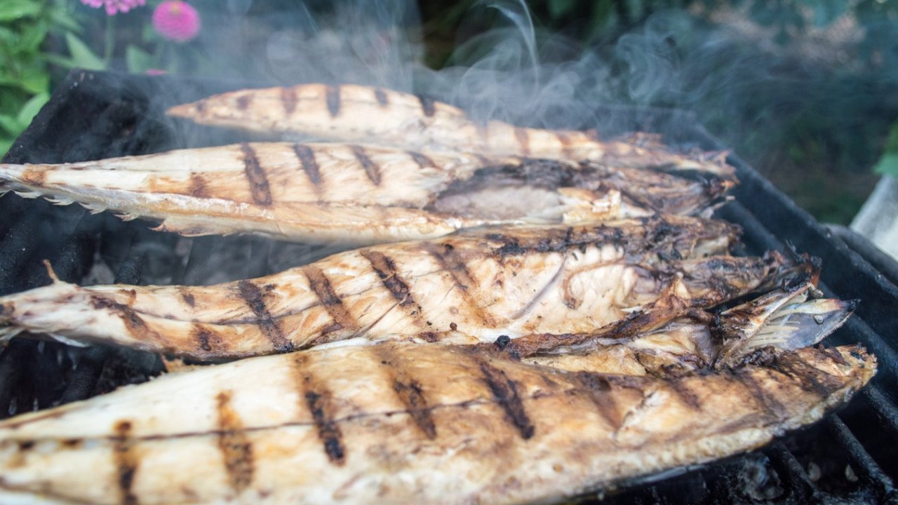 Gegrilde hele makreel met grillstrepen op het rooster
