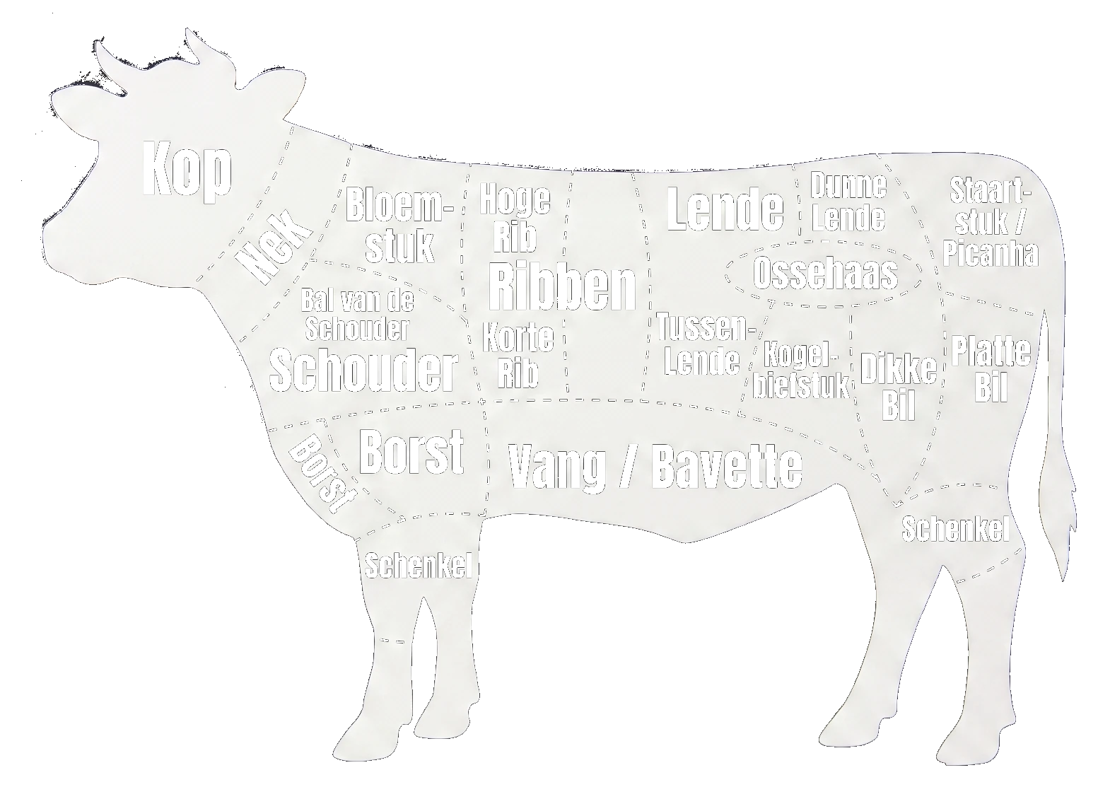 Anatomisch diagram van een rund met alle deelstukken (Neck, Chuck, Rib, Short Loin, Sirloin, Round, Brisket, Plate, Flank, Shank)